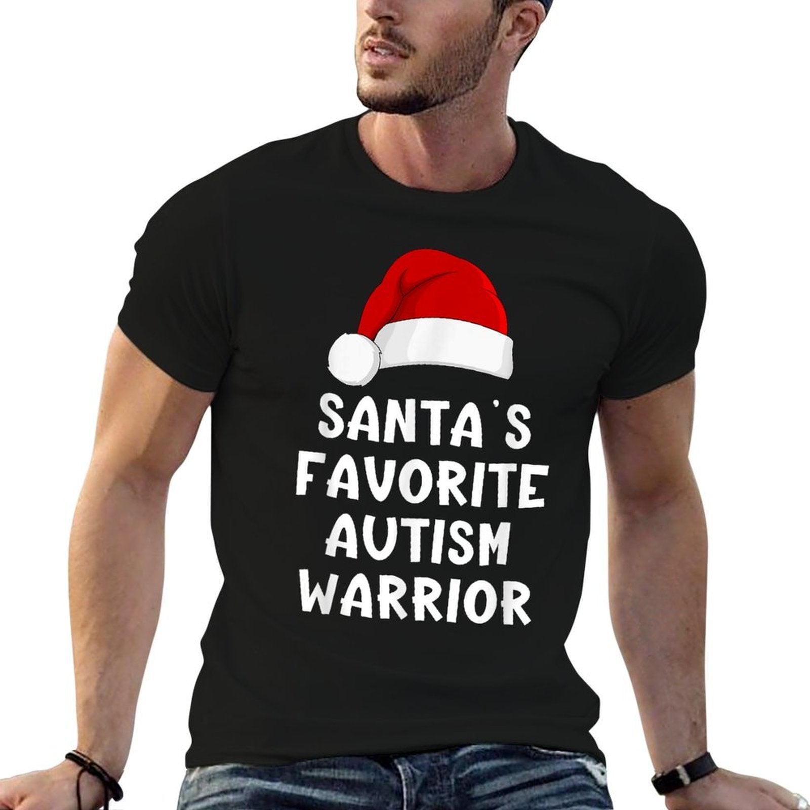 Christmas Santas Favorite Autism Warrior Funny Xmas Pajama  Ribbed Collar T-Shirt