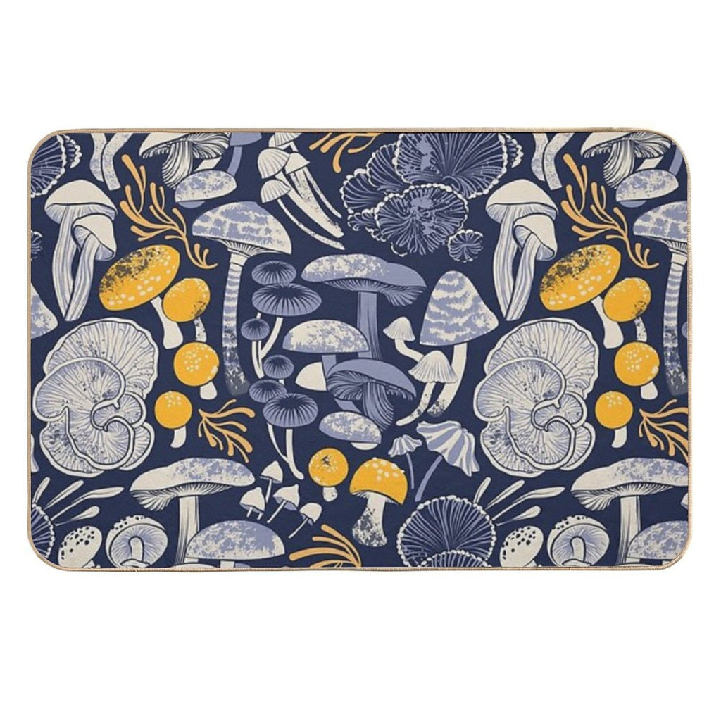 Mystical Fungi  Midnight Blue Background Ivory Pale Blue And Yellow Wild Mushrooms Durable Bath Mat