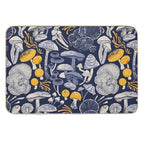 Mystical Fungi  Midnight Blue Background Ivory Pale Blue And Yellow Wild Mushrooms Durable Bath Mat