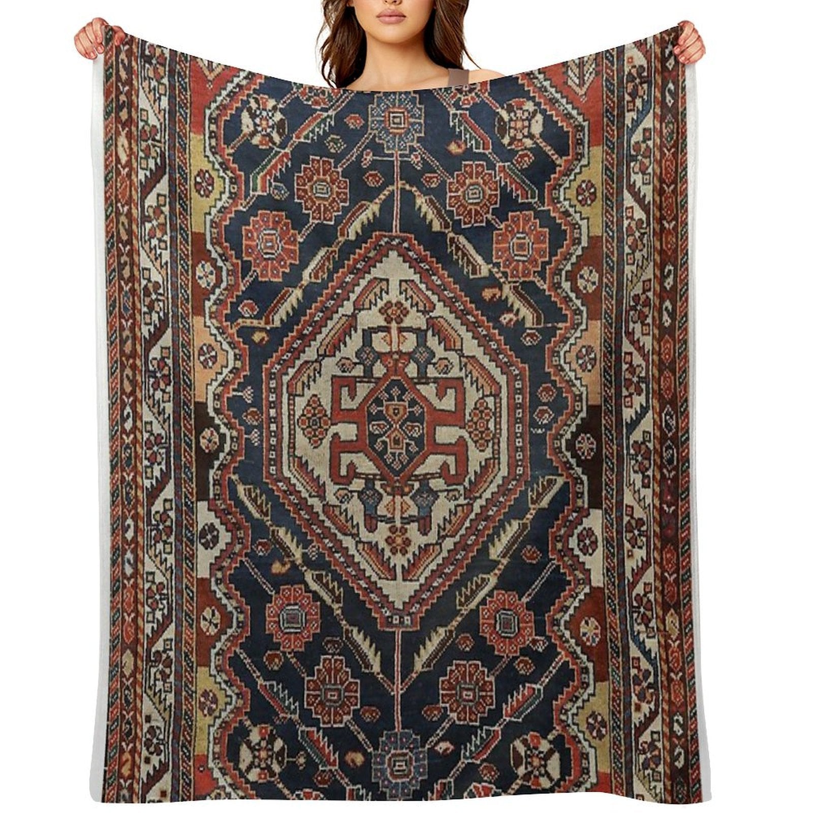 Persian Qashqai Old Century Authentic Colorful Aztec Royal Blue Red Vintage Patterns Easy Care Throw Blanket