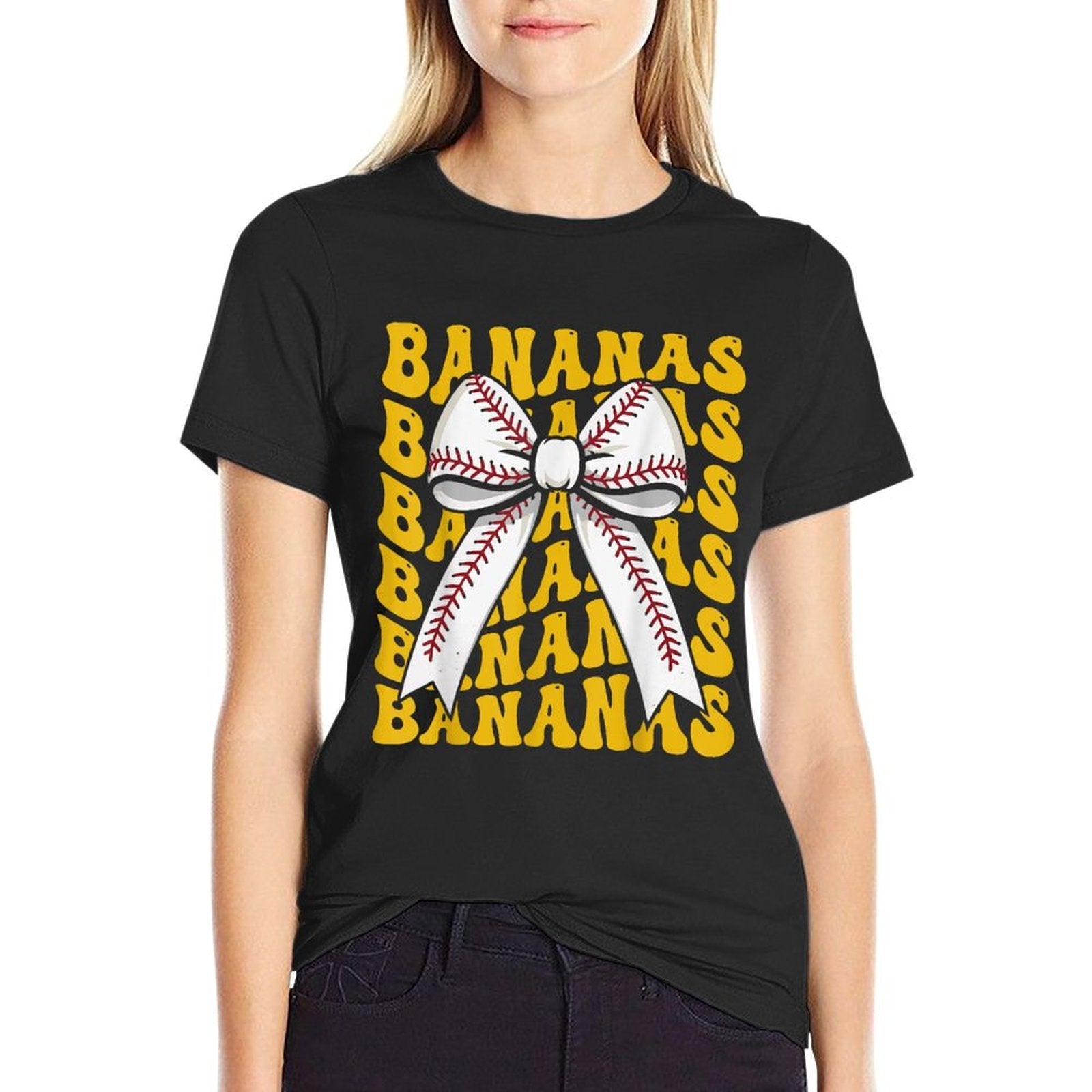 Retro Bananas Last Name Coquette Bow Women Kids Girls  Rolled Sleeves T-Shirt