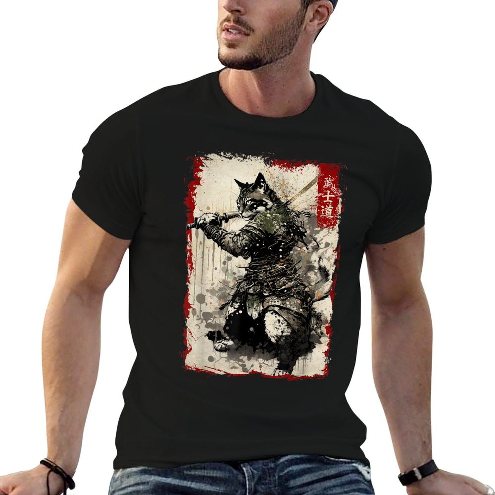 Samurai Cat Graphic Warrior Vintage Japanese Art Anime  Easy-care T-Shirt