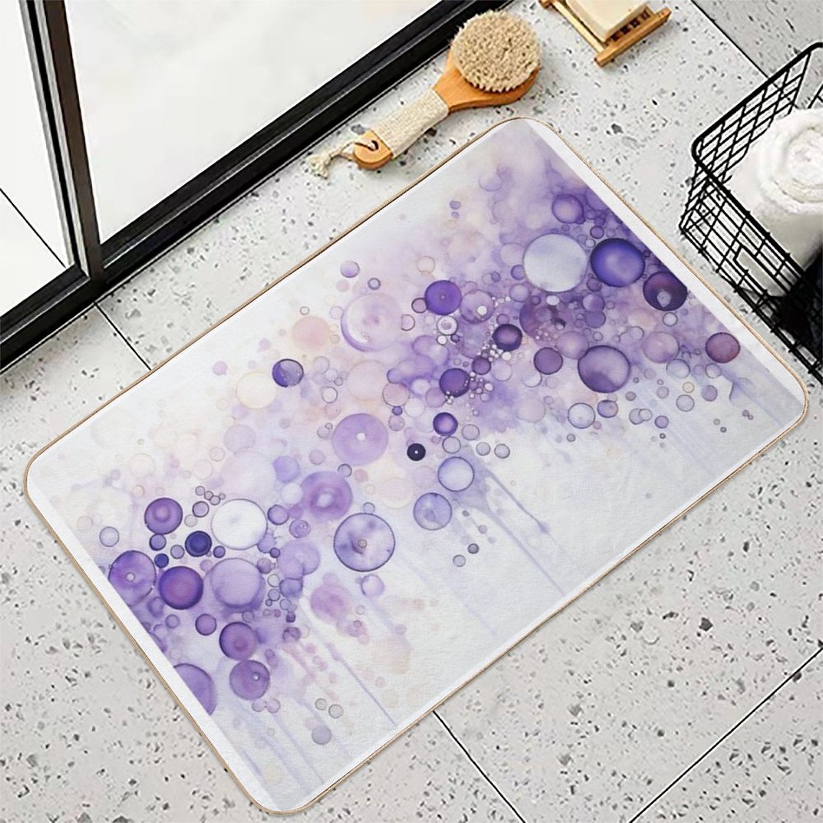 Dripping Purple Bubbles Watercolor Art  Anti-Trip Bath Mat