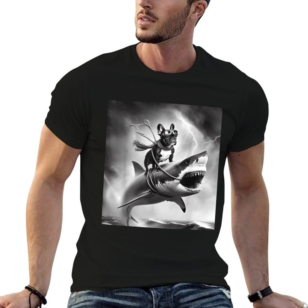 Funny Dog French Bulldog Riding A Shark in Tornado Meme  Ribbed Collar T-Shirt