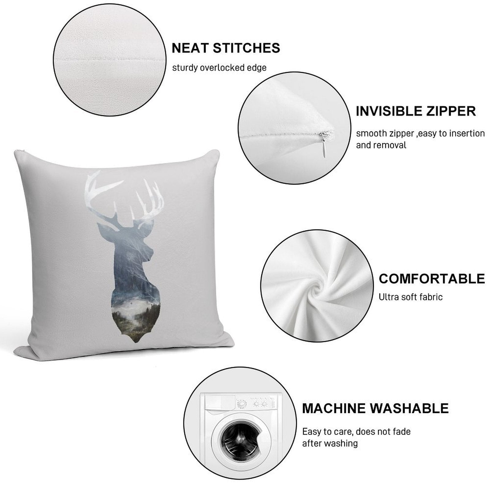 Deer Silhouette in Misty Forest Wild River Scene Soft Washable Throw Pillow