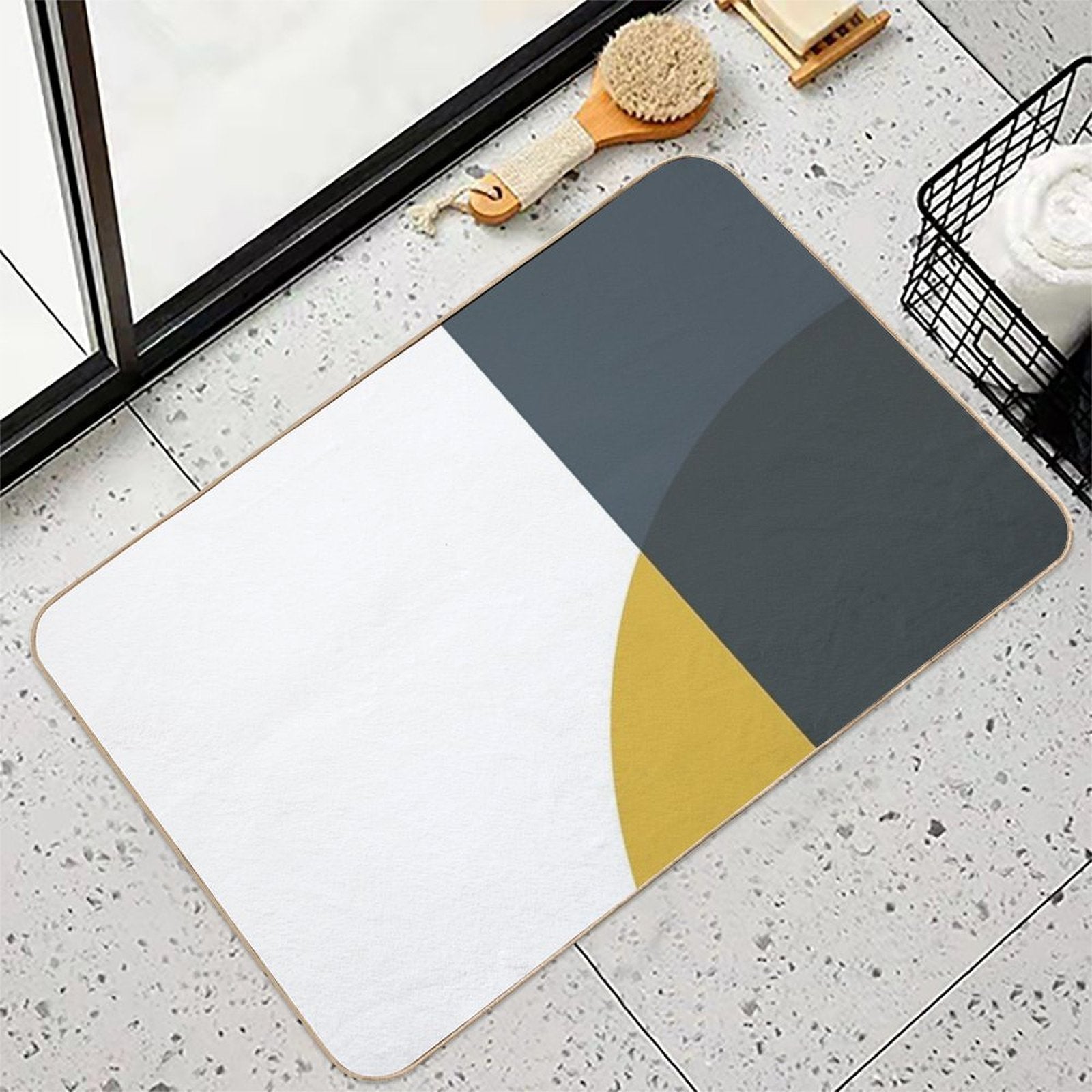Abstract Geometric Minimalist 2 Navy Blue, Light Mustard Yellow, And White  Long-Lasting Bath Mat