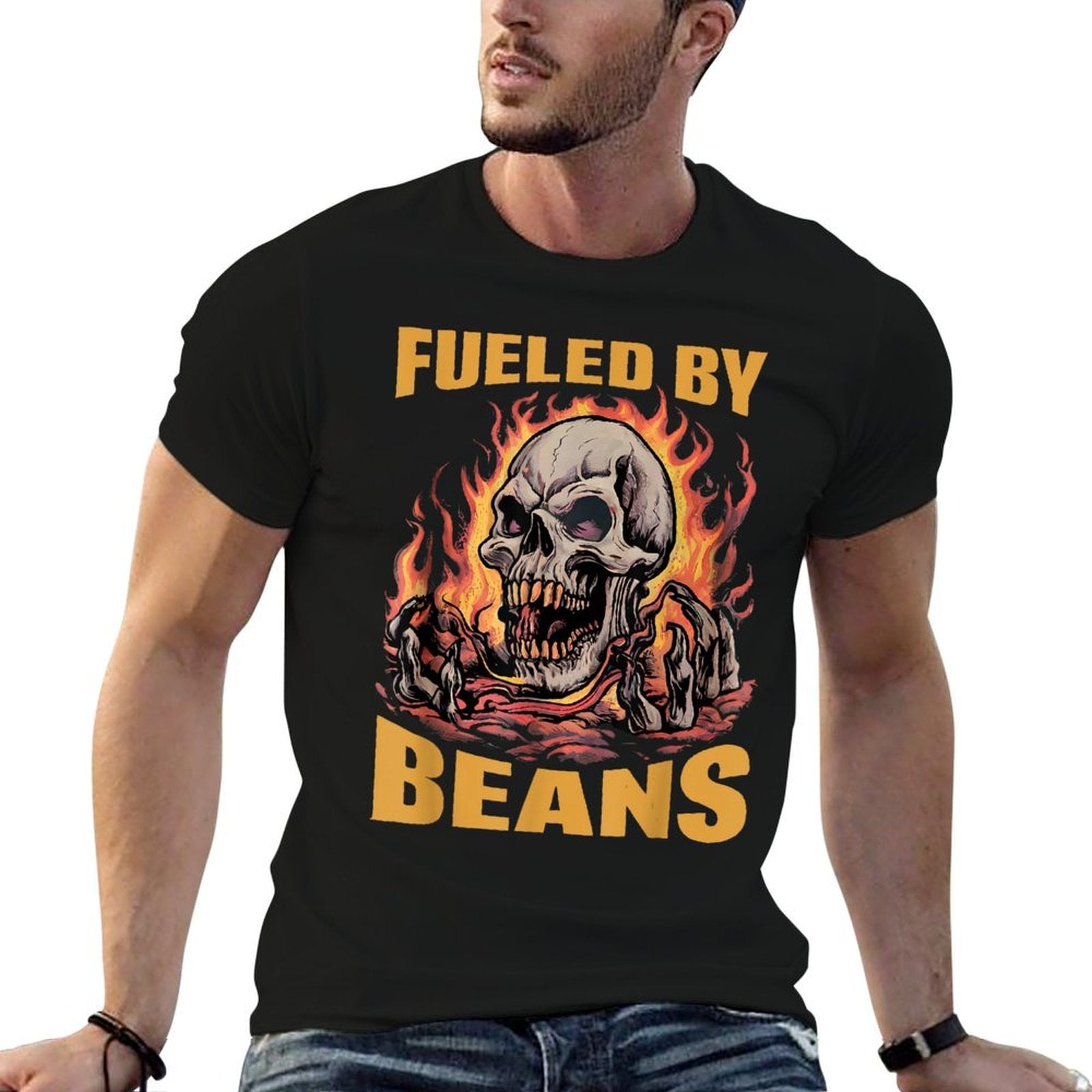 Fueled By Beans Funny Brainrot Cringe Skeleton Meme Flames  Graphic-printed T-Shirt
