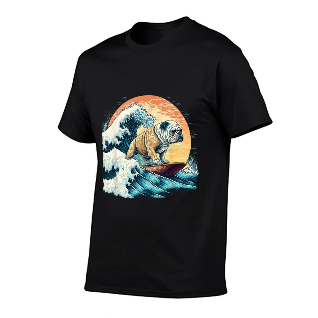 English Bulldog Surfing On The Great Wave of Kanagawa Men Women Girls Kids  Eco-friendly Material T-Shirt