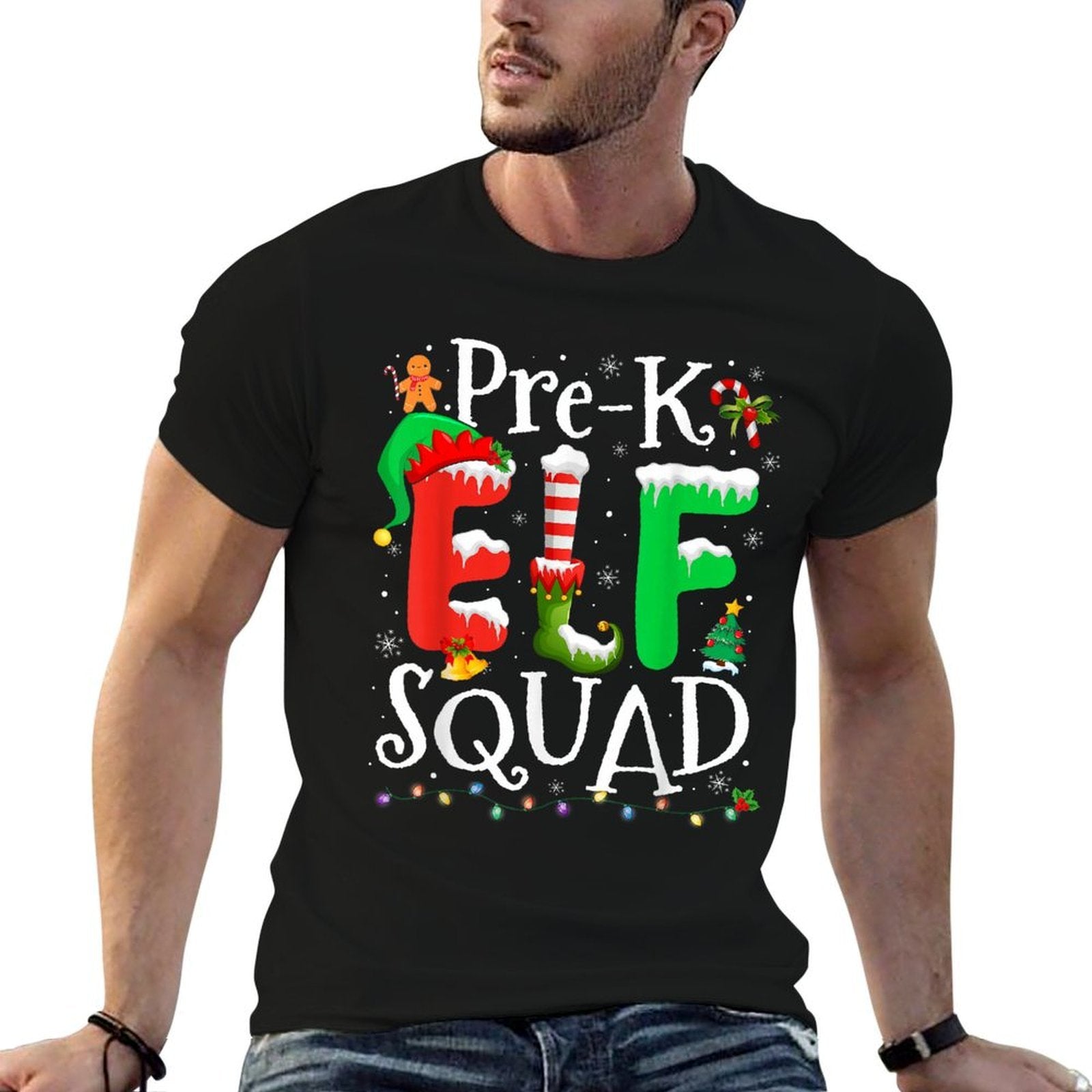Funny Elf Squad Pre-k Teacher Christmas Child Xmas  Oversized Silhouette T-Shirt