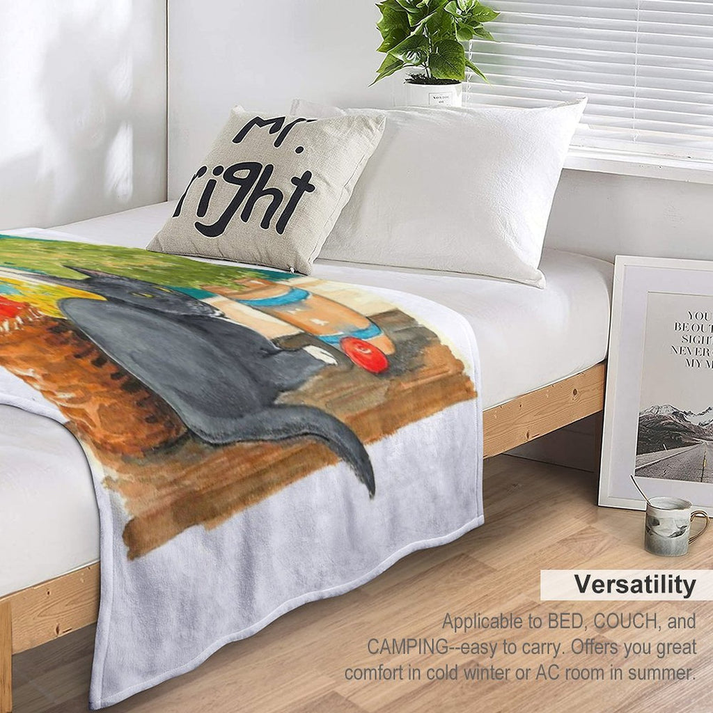 Black Cat on A Sunny Windowsill – Cozy Cottage Illustration Plush Throw Blanket