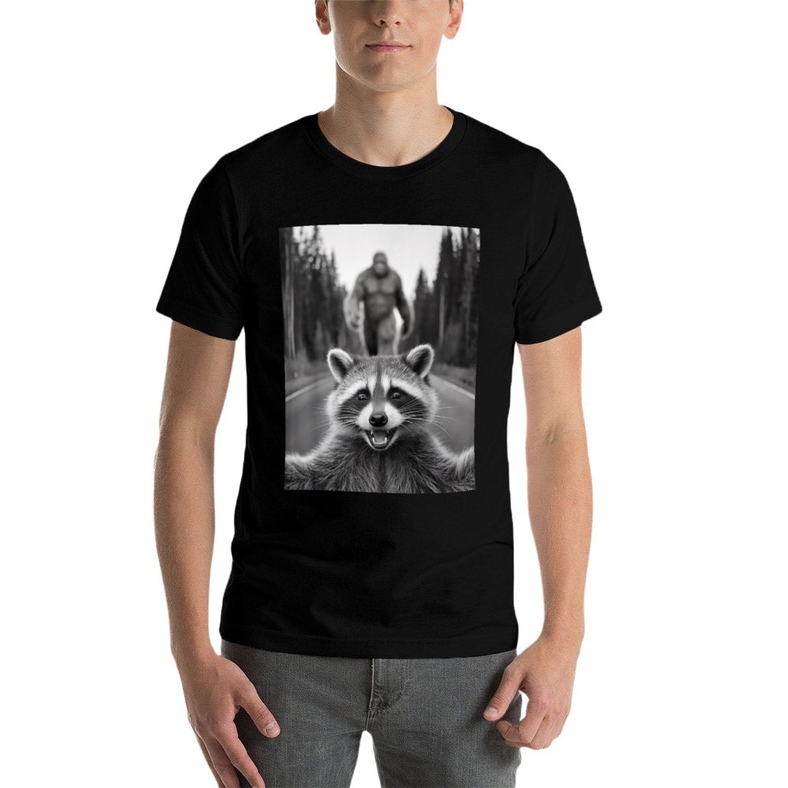 Scared Raccoon Selfie With Sasquatch Bigfoot , Funny Raccoon  Graphic-printed T-Shirt