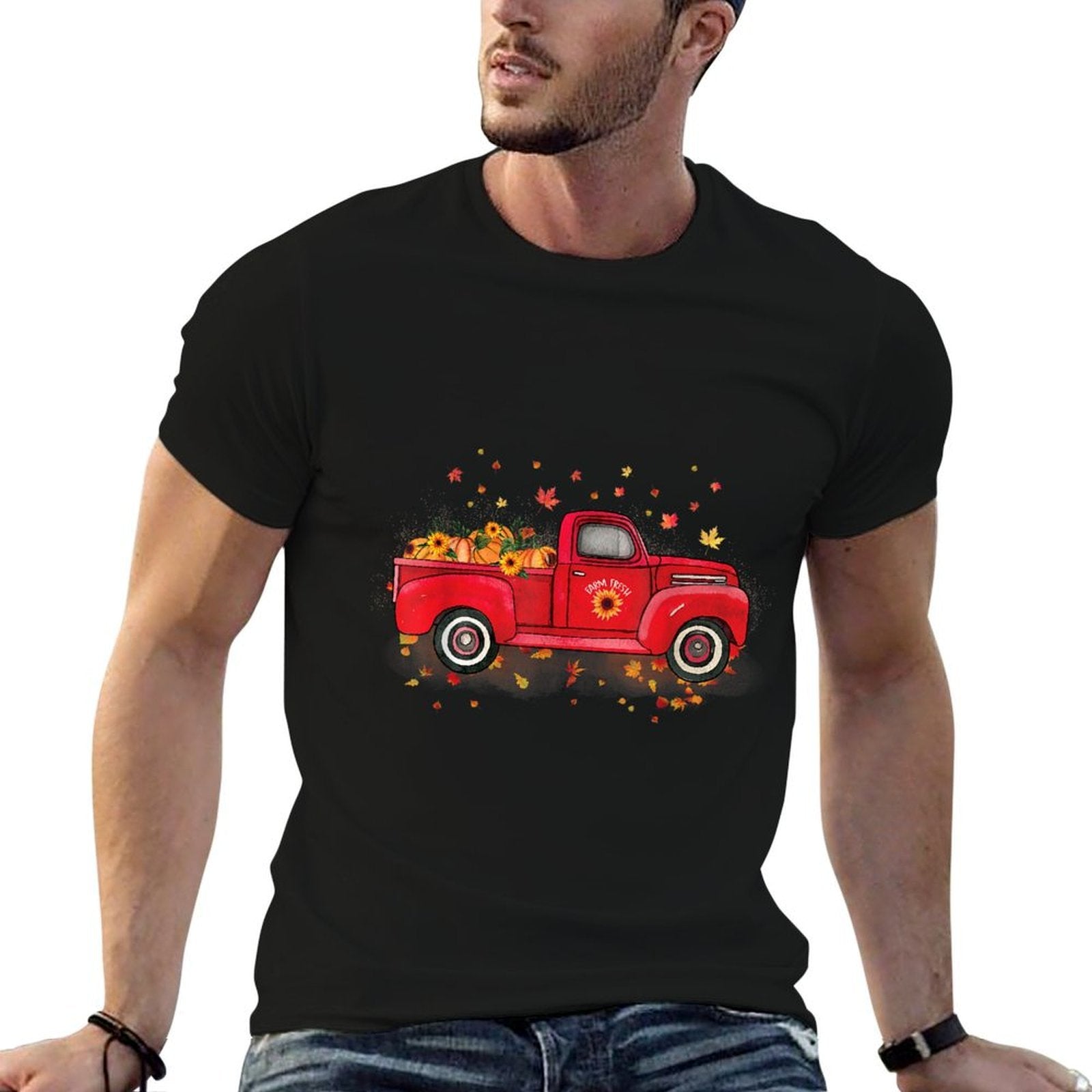 Fall Leaves Red Truck Pumpkins Sunflower Autumn Thanksgiving  Easy-care T-Shirt