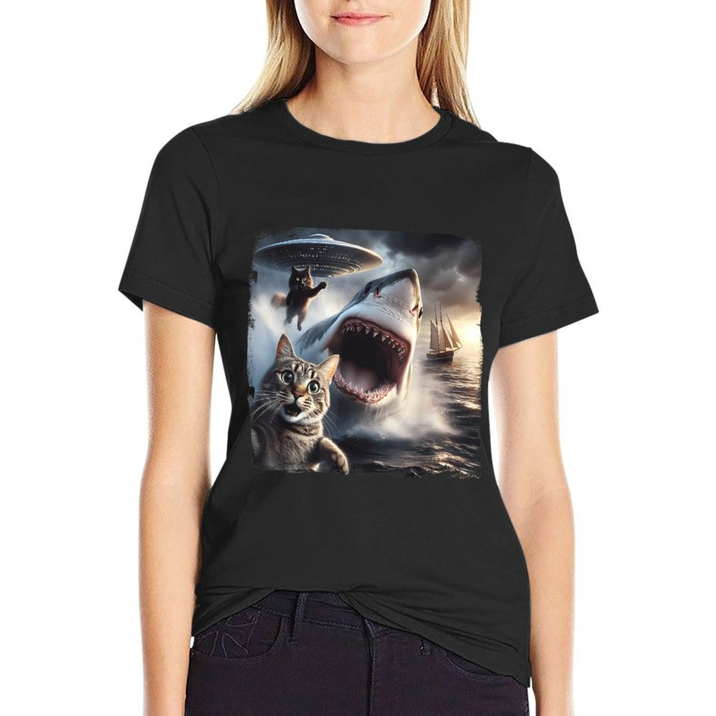 Cruise Meme Design Cat Selfie With Alien Shark Funny Cat  Quick-drying T-Shirt
