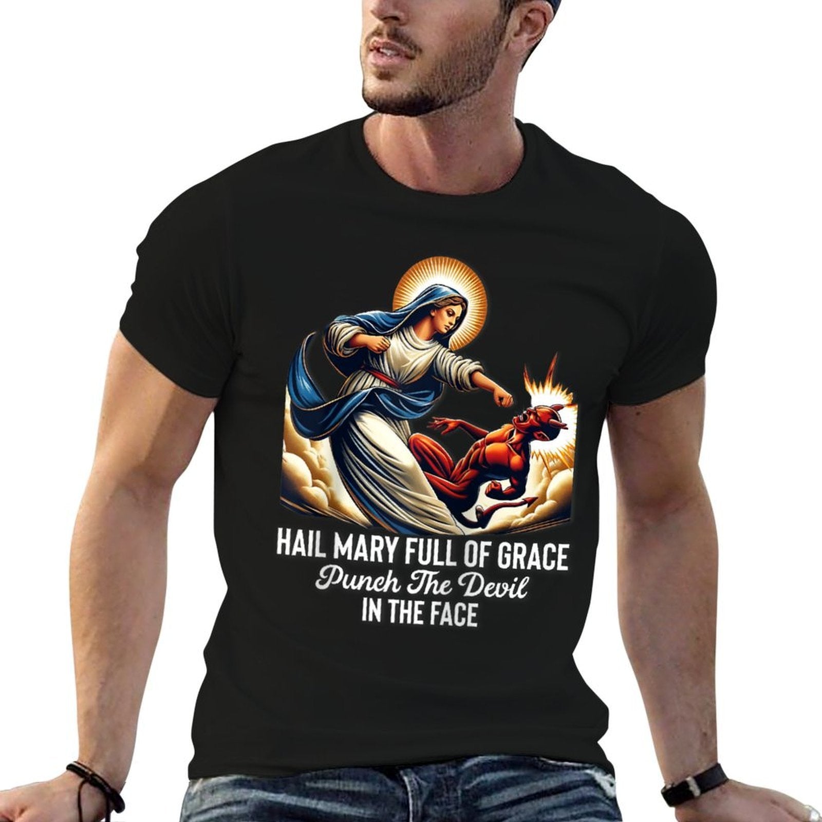 Hail Mary Full of Grace Punch The Devil in The Face Catholic Raglan Baseball  Oversized Silhouette T-Shirt