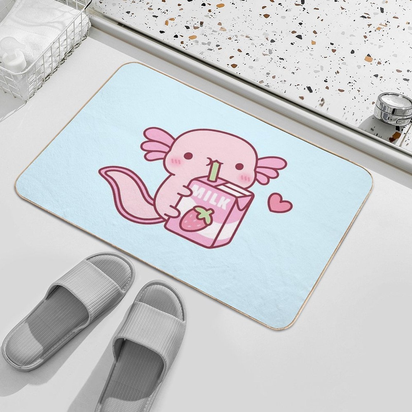 Cute Pink Axolotl Loves Strawberry Milk  Toxin-Free Bath Mat