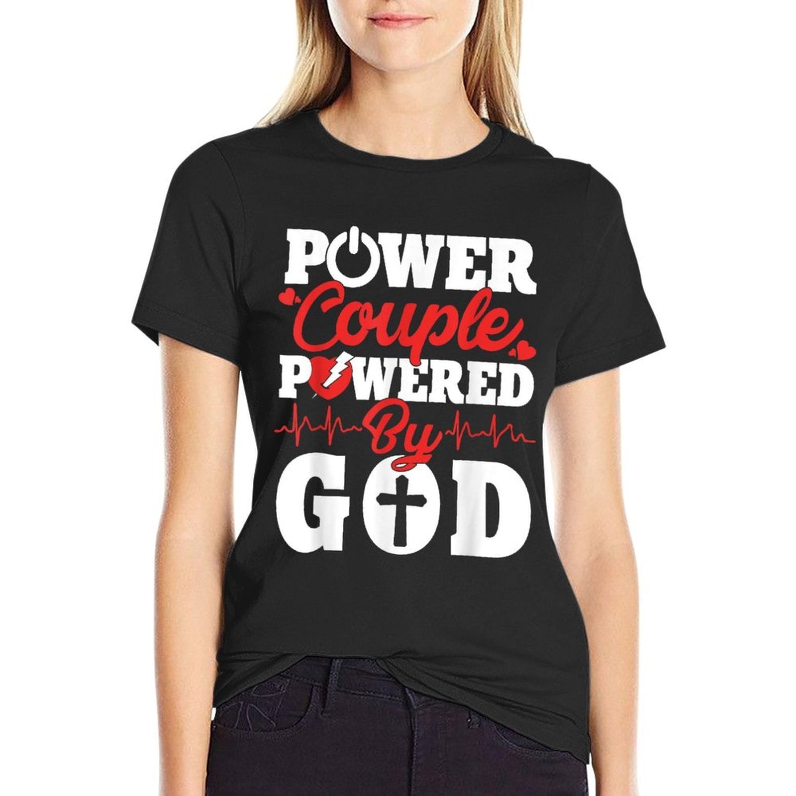 Power Couple Powered By God Christian Couples Matching V-day  High-quality Stitching T-Shirt