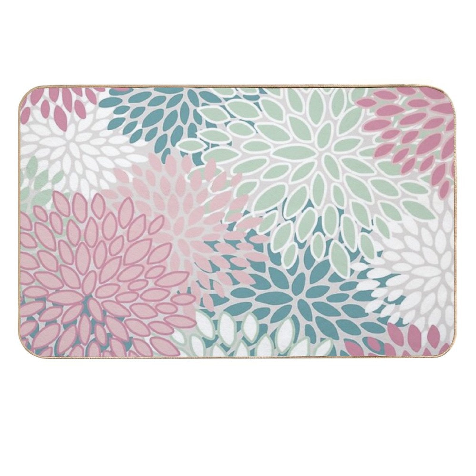 Soft Flower Pattern, Pink, Green, Teal And White  Easy To Clean Bath Mat