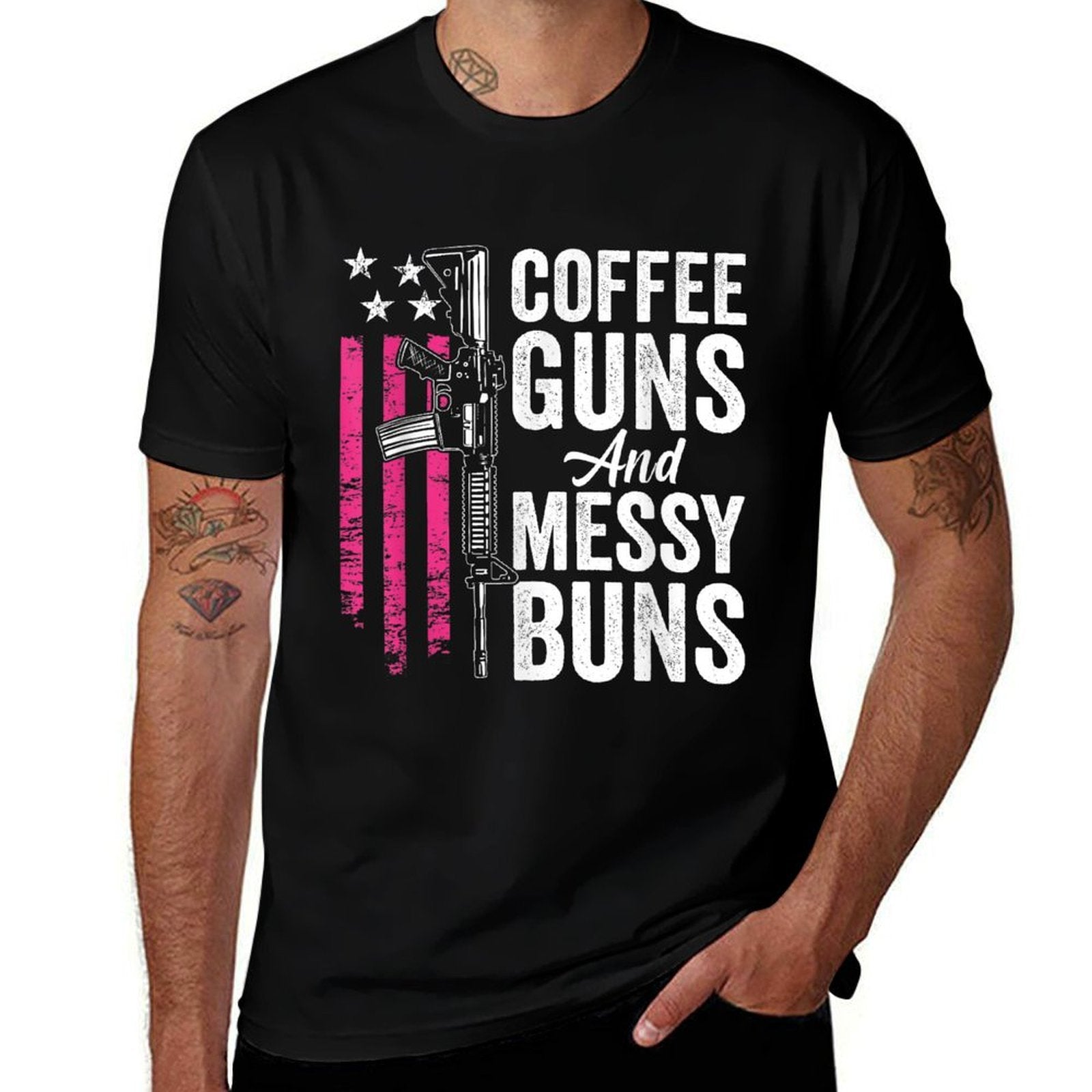 Coffee Guns And Messy Buns - Pink AR15 USA Funny Womens Gun  Ribbed Collar T-Shirt
