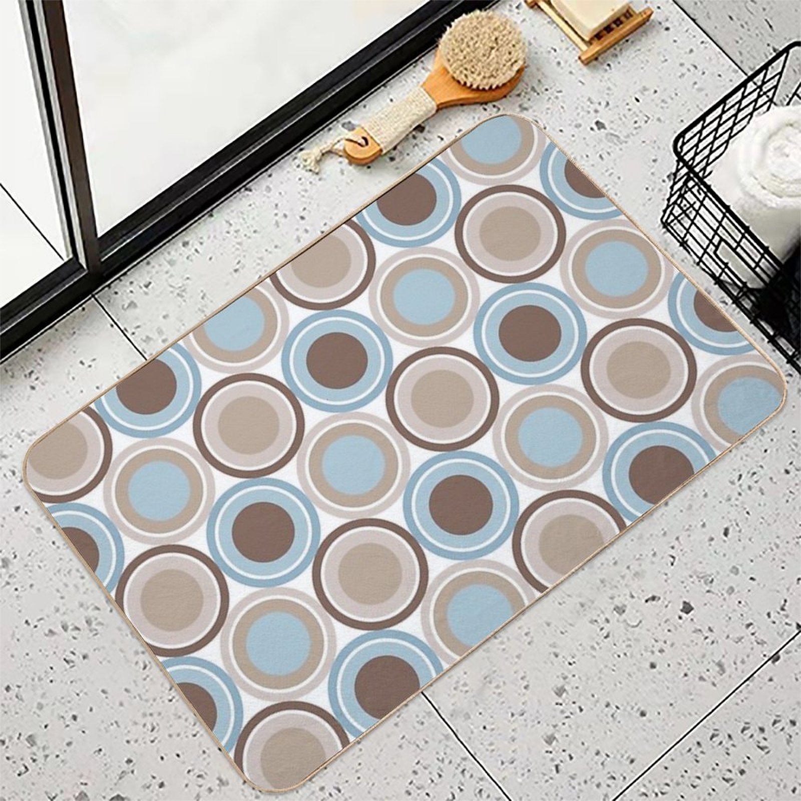 Mid Century Circle Pattern - Taupe, Brown, Slate Blue, Denim Blue  Rapid-Drying Bath Mat
