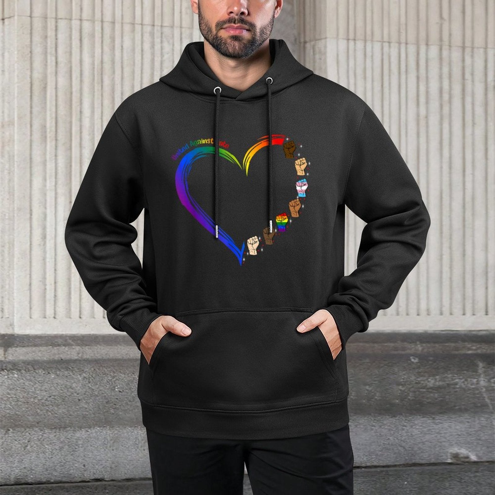 United Against Hate LGBT Pride Black Melanin Heart Rainbow Medium-Weight Fabric Hoodie
