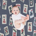 Mahjongg Game Tiles Design on Blue Color Wrinkle-free Throw Blanket