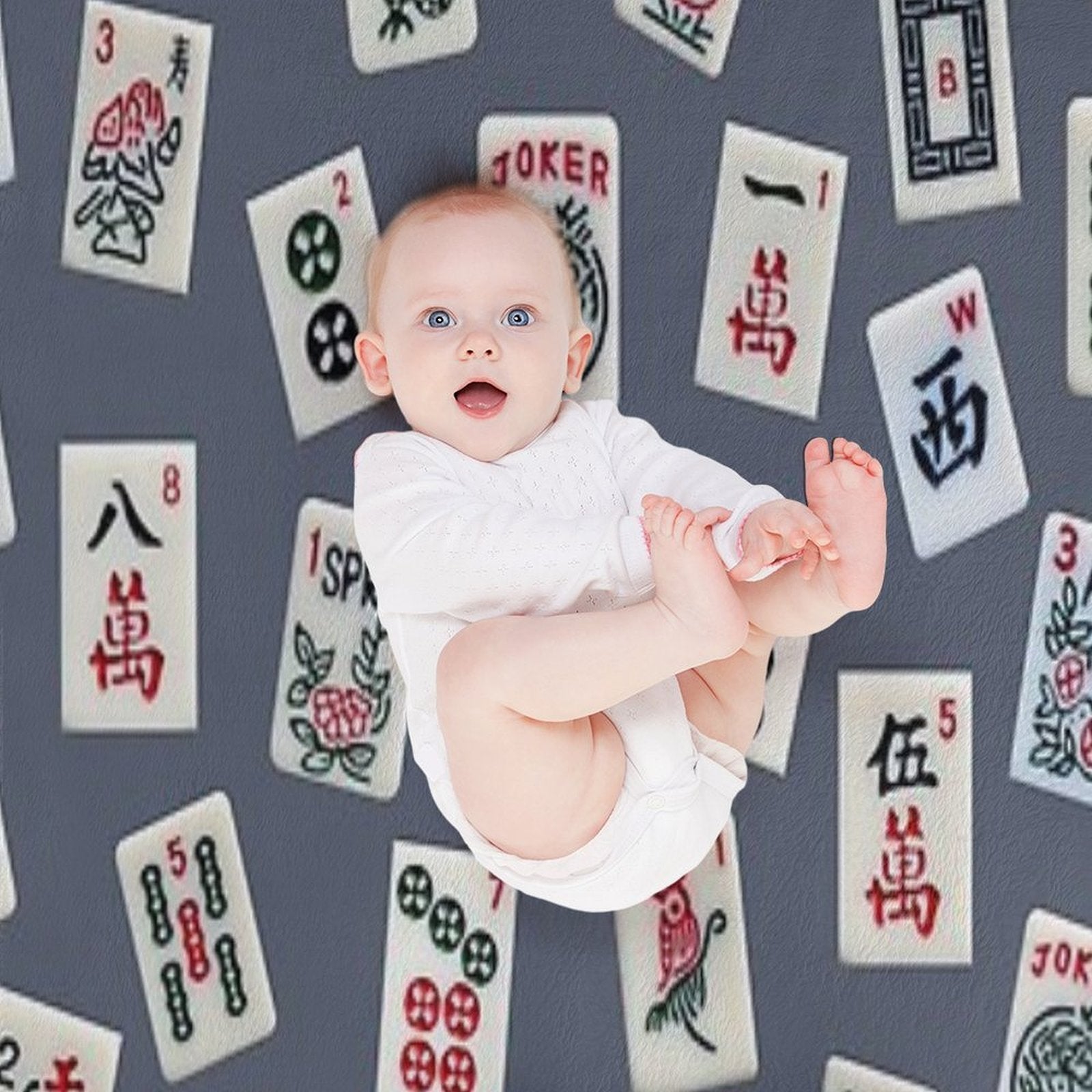 Mahjongg Game Tiles Design on Blue Color Wrinkle-free Throw Blanket