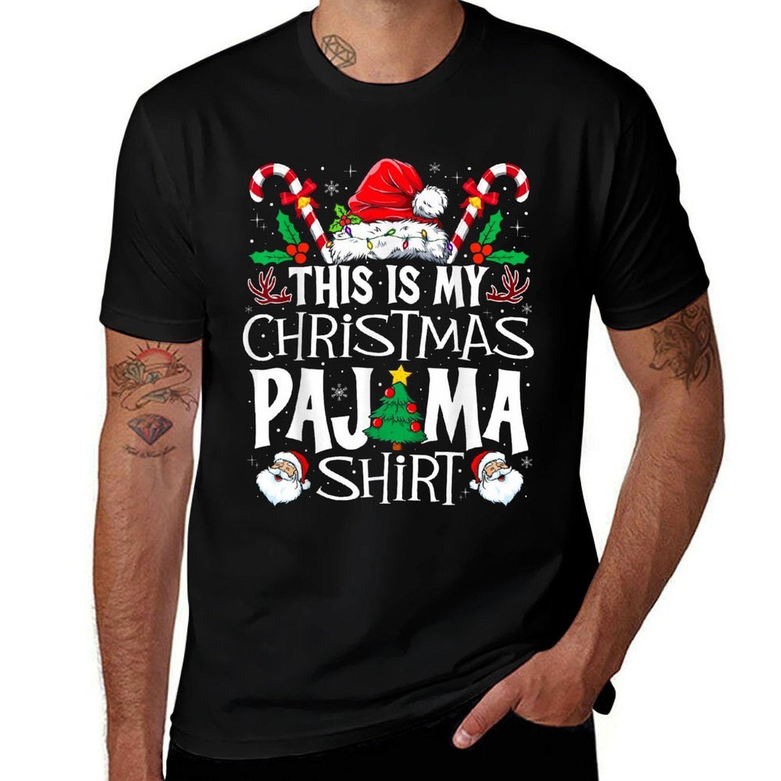 This Is My Christmas Pajama Funny Xmas PJs Men Women  Ribbed Collar T-Shirt