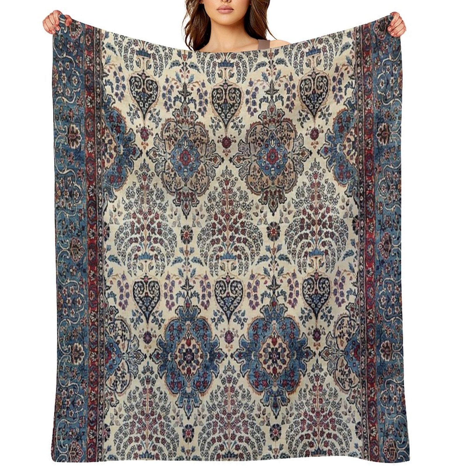 South Persian Rug Old Century Authentic Colorful Blue Tan Pinks Vintage Patterns Plush Throw Blanket