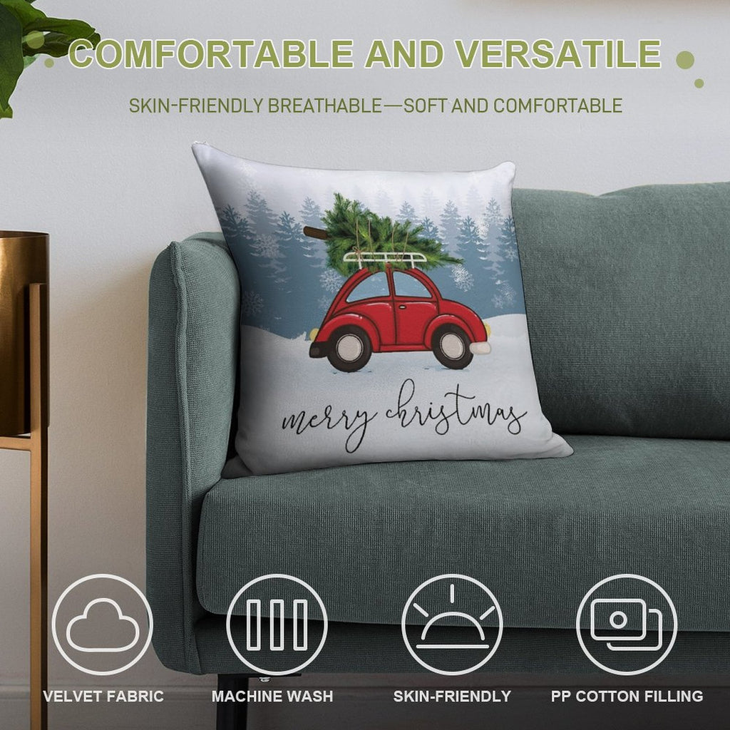 Red Car with Christmas Tree on Roof Soft Home Decor Throw Pillow