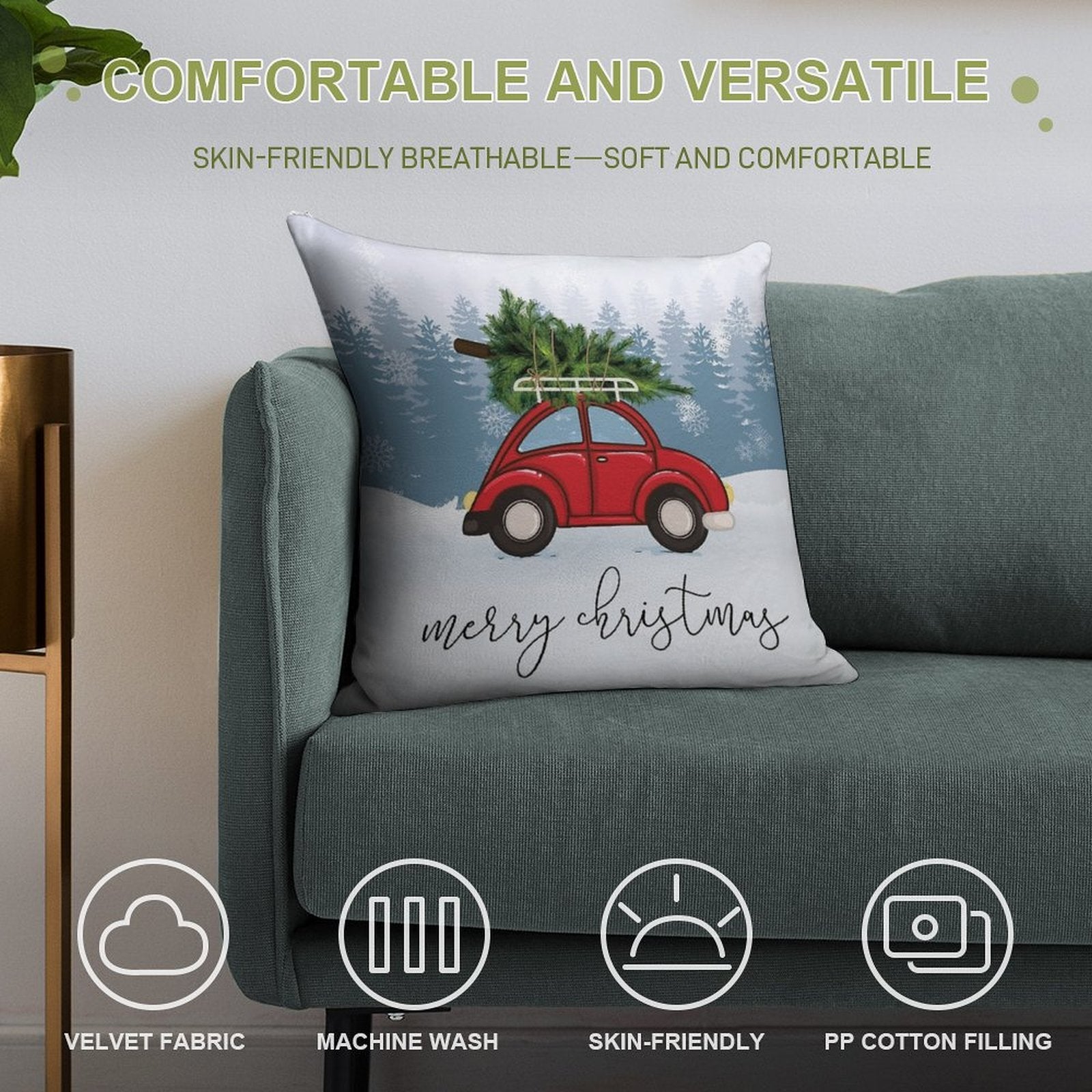 Red Car with Christmas Tree on Roof Soft Home Decor Throw Pillow