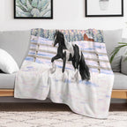 Black Pinto Piebald Gypsy Vanner Draft Horse In Snow Easy Care Throw Blanket