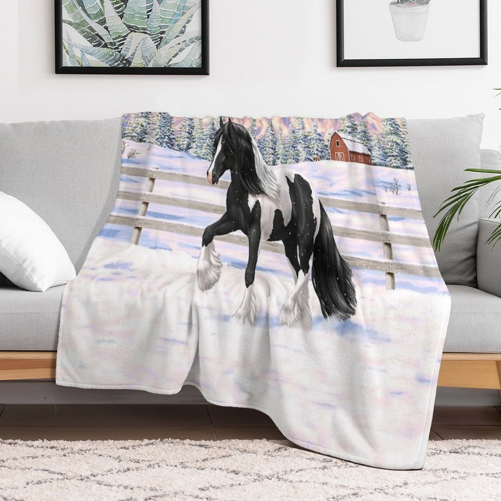 Black Pinto Piebald Gypsy Vanner Draft Horse In Snow Easy Care Throw Blanket