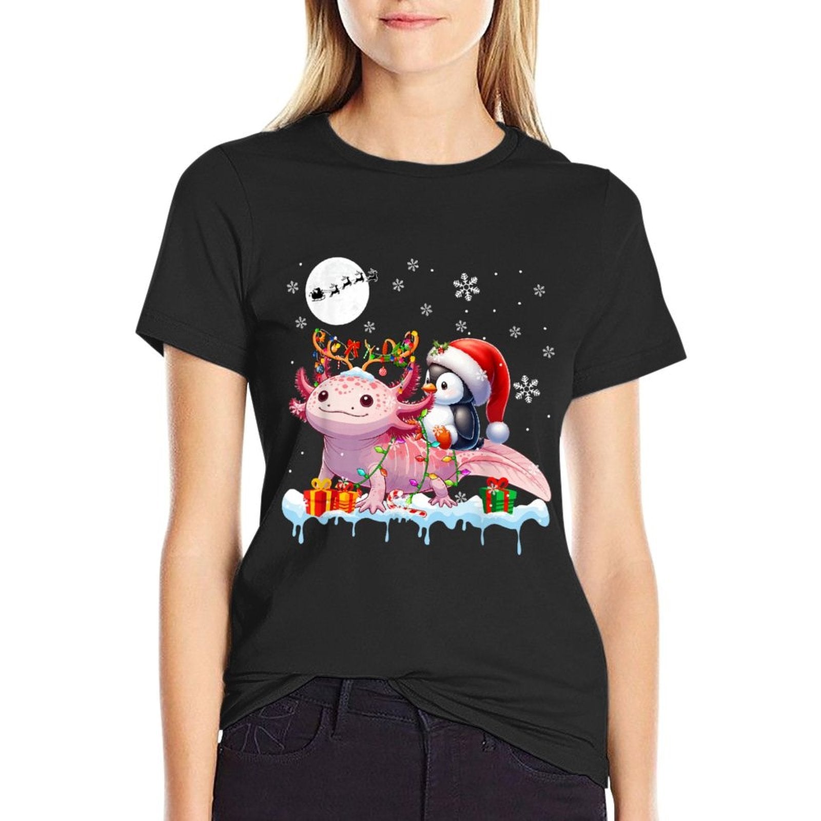 Santa Penguin Riding Axolotl Reindeer Christmas Sea Animal  Versatile T-Shirt