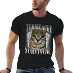 Tummy Ache Survivor Cat Meme Funny Saying Cats Animals  Polyester Blend T-Shirt