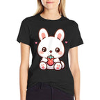 Cute Bunny Rabbit Eating Strawberry Tween Girls Graphic  Fade-proof Color T-Shirt
