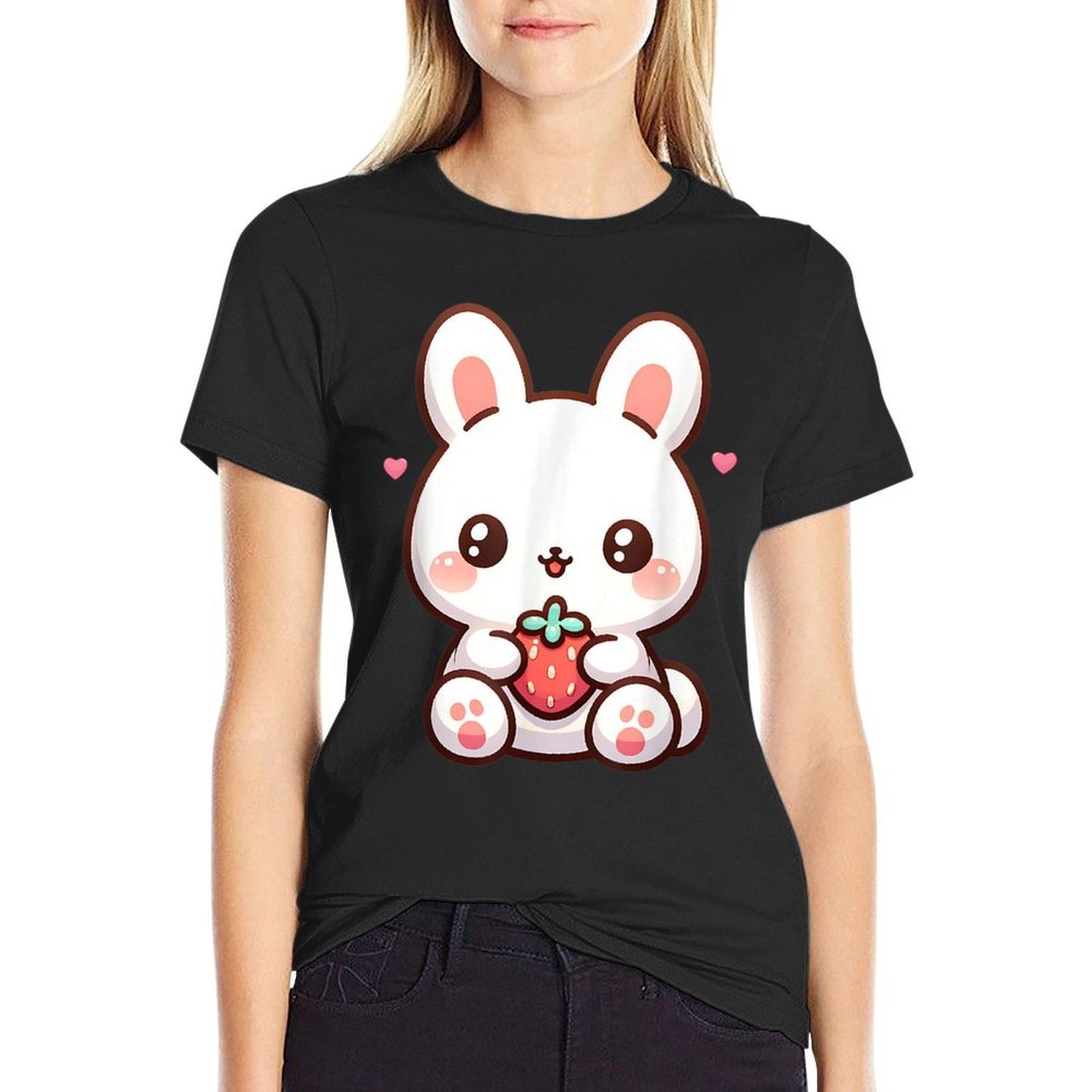 Cute Bunny Rabbit Eating Strawberry Tween Girls Graphic  Fade-proof Color T-Shirt