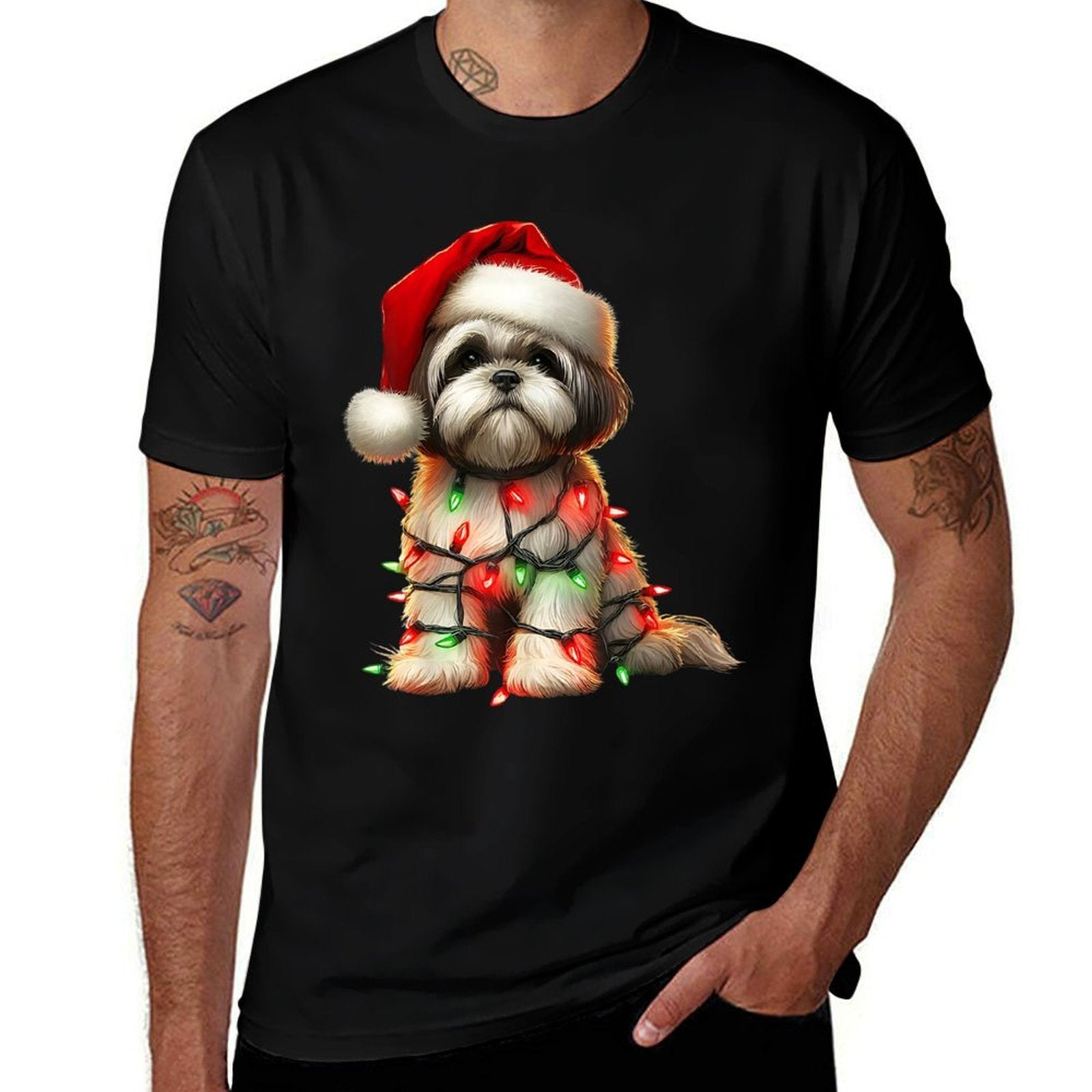 Shih Tzu Dog Christmas Lights Santa Hat Dog Lover  Polyester Blend T-Shirt
