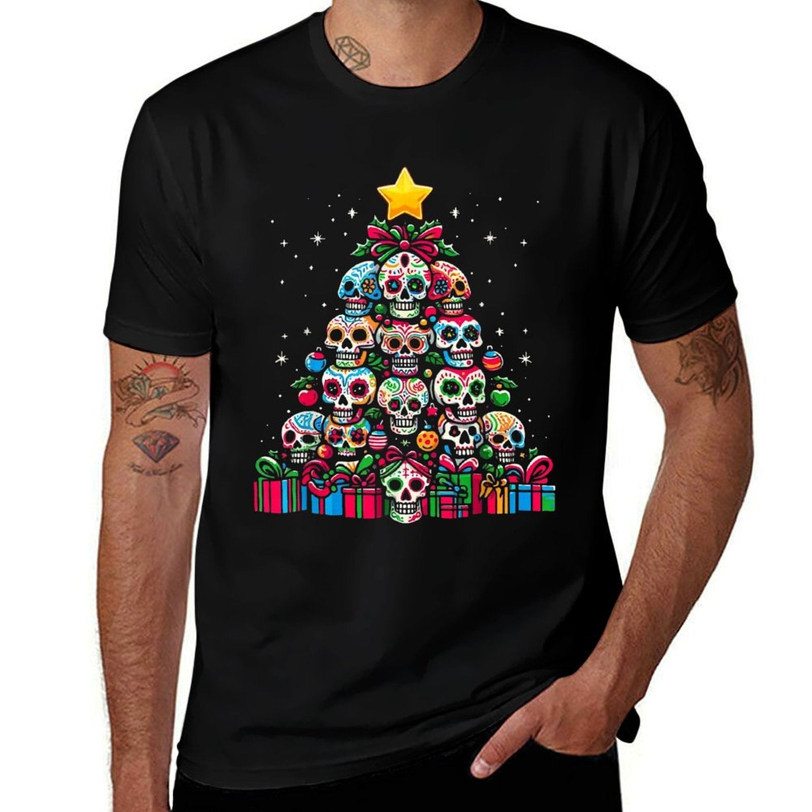 Skull Christmas Tree Funny Mexican Flower Sugar Skull Xmas  Slim-fit Cut T-Shirt