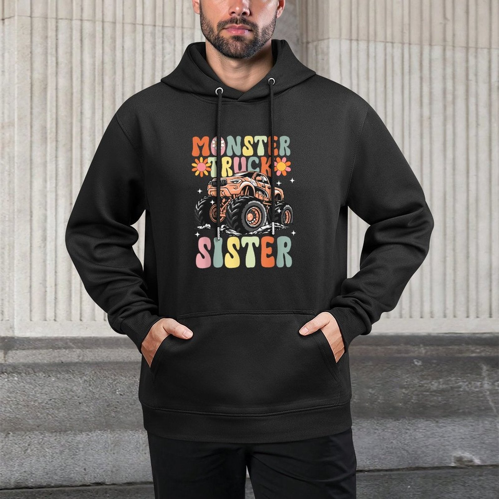 Monster Truck Sister Groovy Monster Truck Sis Relaxed Fit Hoodie