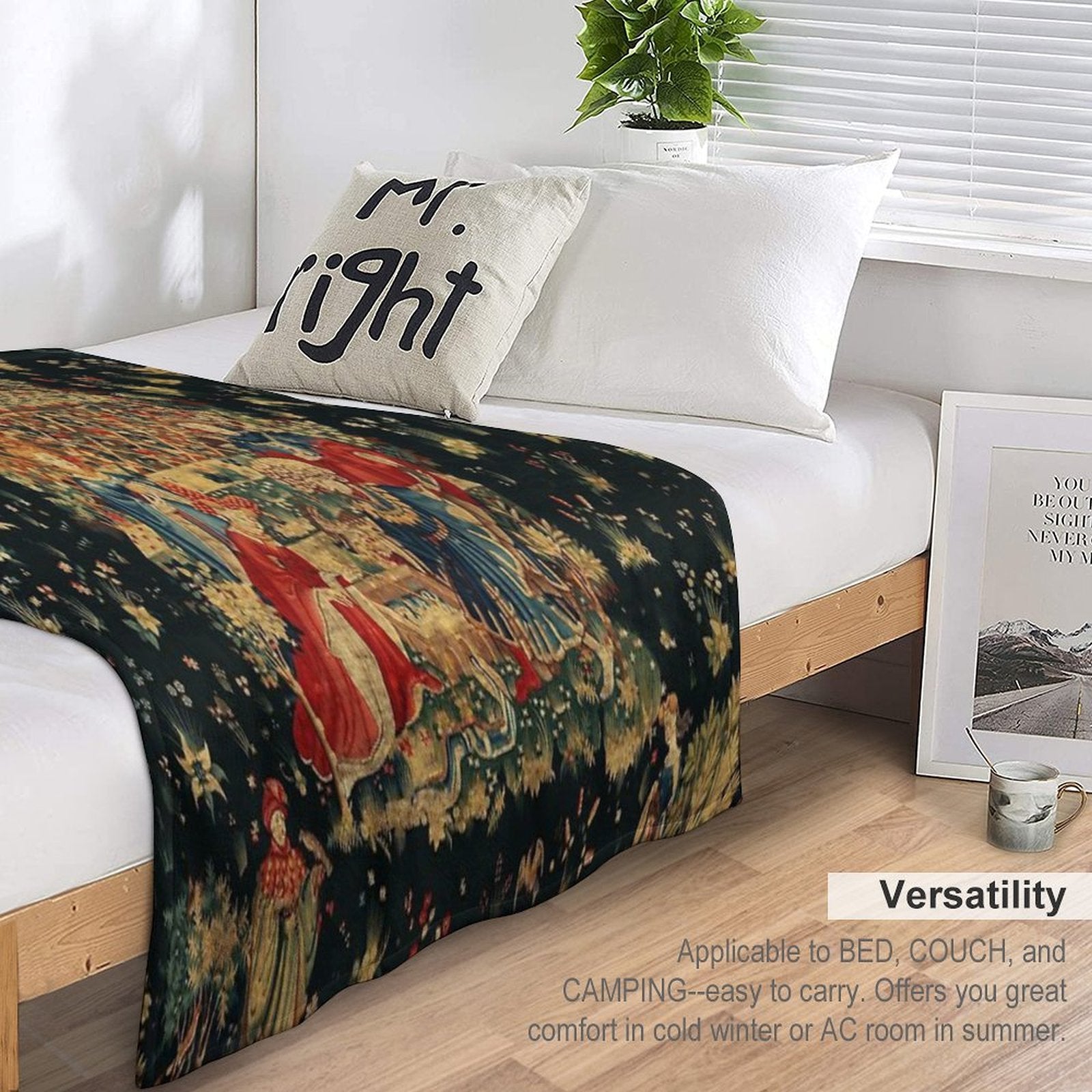 FALCONS BATH Red Blue Antique Medieval Tapestry,Court Figures,Birds, Flowers ,Rose Trellis Gift-ready Throw Blanket