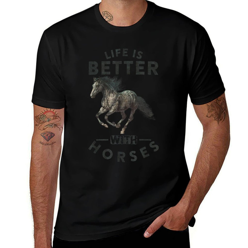 Life Is Better With Horses Funny Horseback Riding - Unisex-Adults, Grey, Small,,, Letter Print, Crew Neck, Classic Fit, Pull On,  Eco-friendly Material T-Shirt