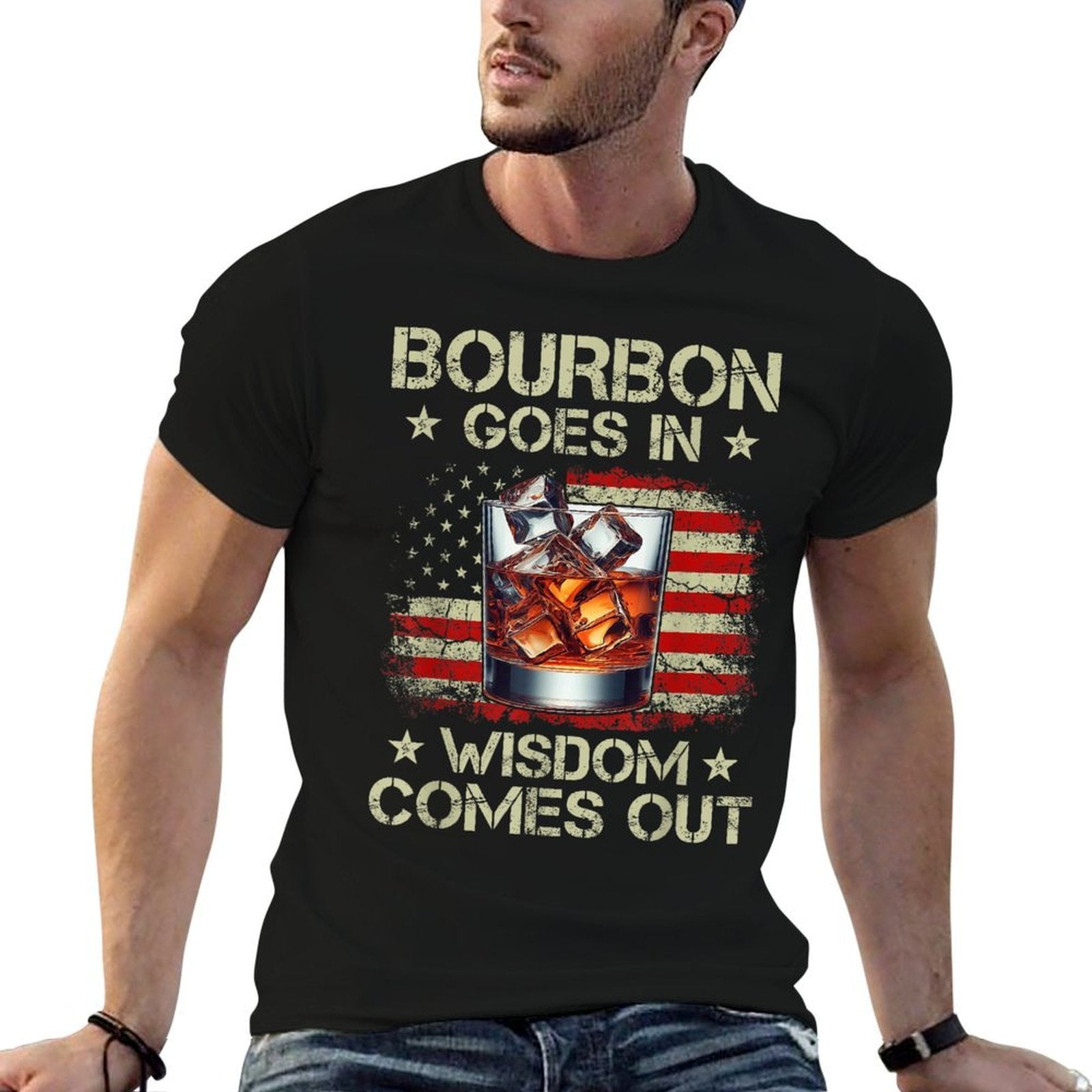 Bourbon Goes In Wisdom Comes Out Whiskey USA Vintage  Stretchy T-Shirt