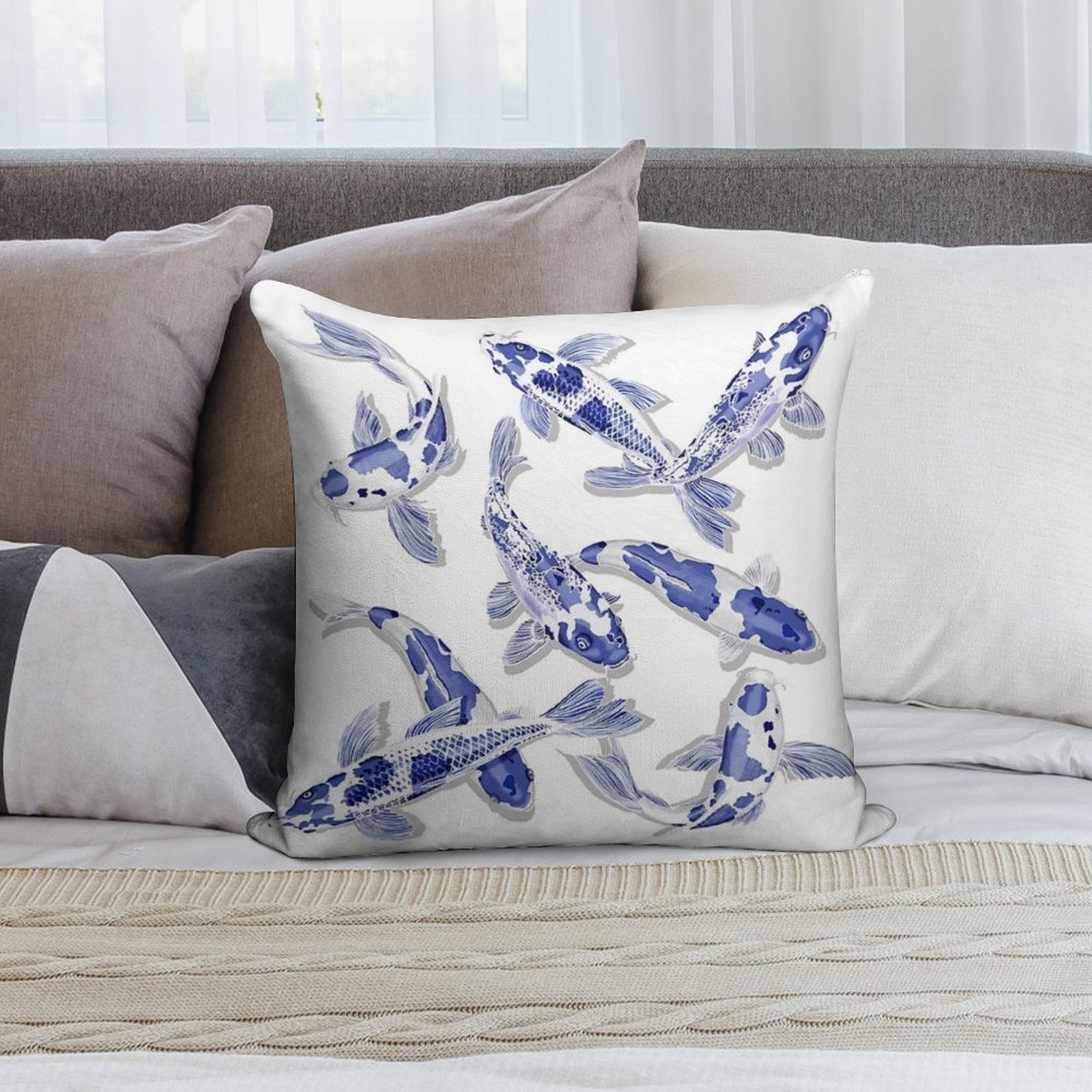 Blue And White Koi Fish Artwork – Zen Wall Decor for Home & Office Soft Decorative Cover Throw Pillow