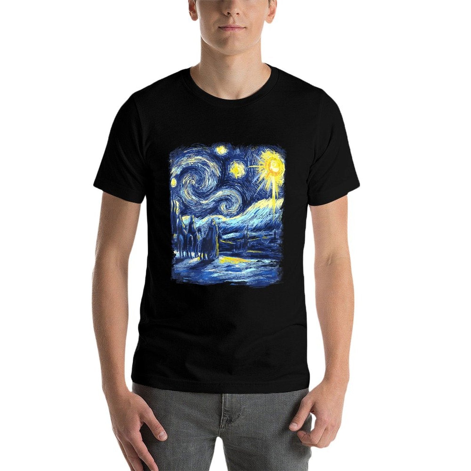 Van Gogh Starry Night Three Wise Men Funny Christian  Rolled Sleeves T-Shirt