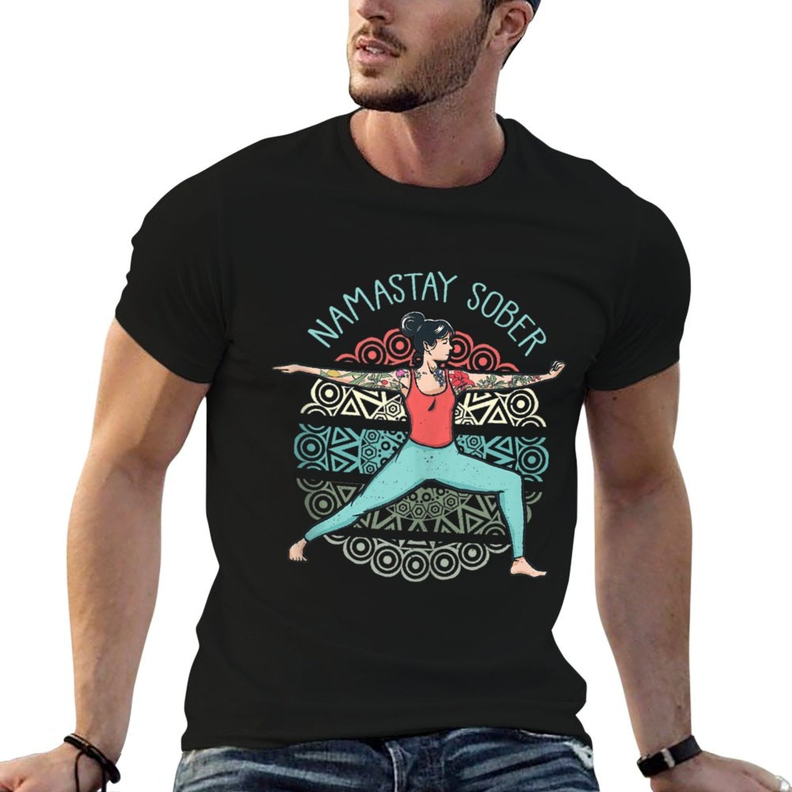 NAMASTAY SOBER Sobriety Yoga Pose Namaste Tattoos Meme  Fade-proof Color T-Shirt