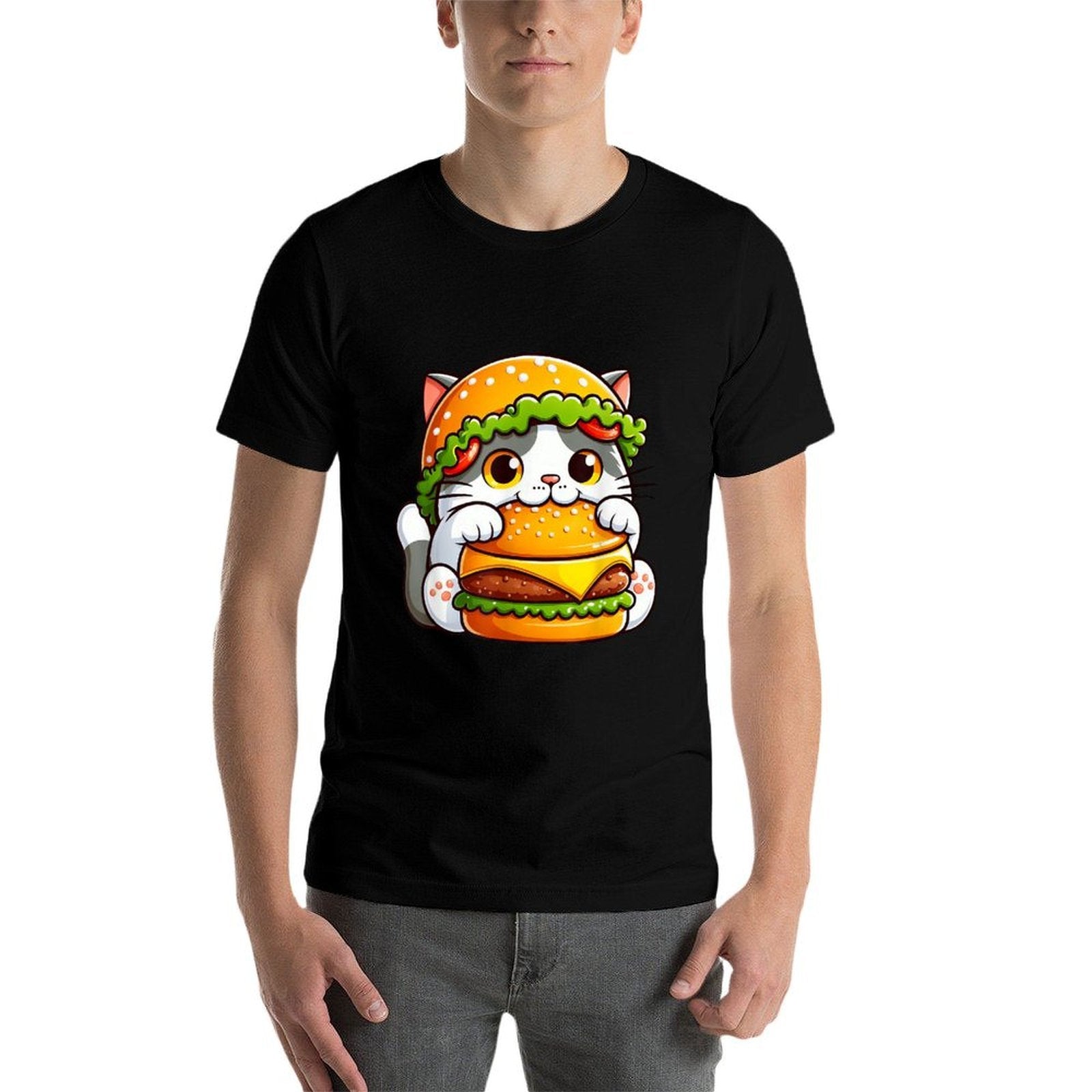 Quirky Cat Hamburger Cheeseburger Fast Food Hat Men Women Girls Kids  Heathered Texture T-Shirt