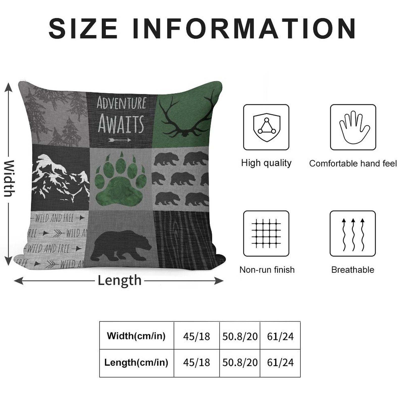 Adventure Awaits Bears - GreenBlack Soft Fade-Resistant Throw Pillow