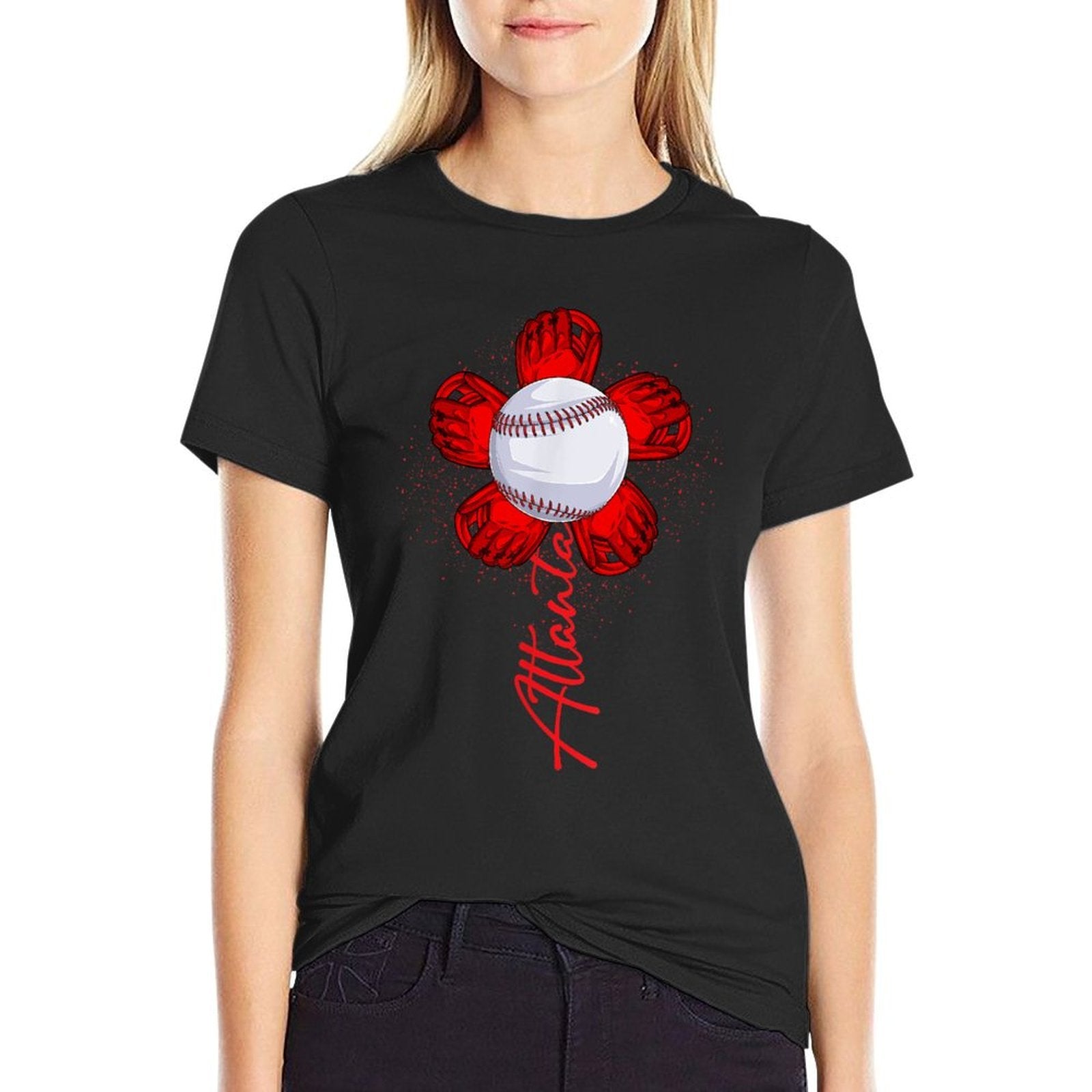 Cute Flower Atlanta Retro Baseball Lover Game Day  Rolled Sleeves T-Shirt