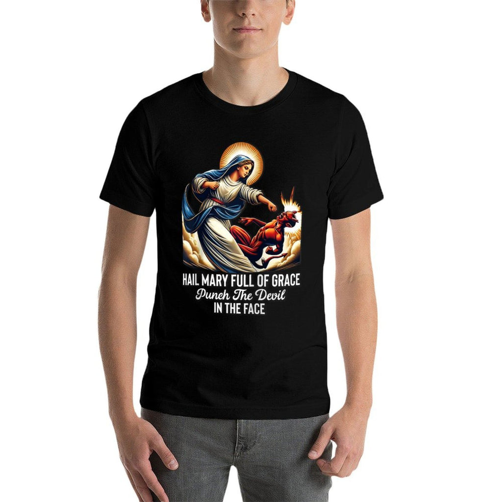 Hail Mary Full of Grace Punch The Devil in The Face Catholic Raglan Baseball  Oversized Silhouette T-Shirt