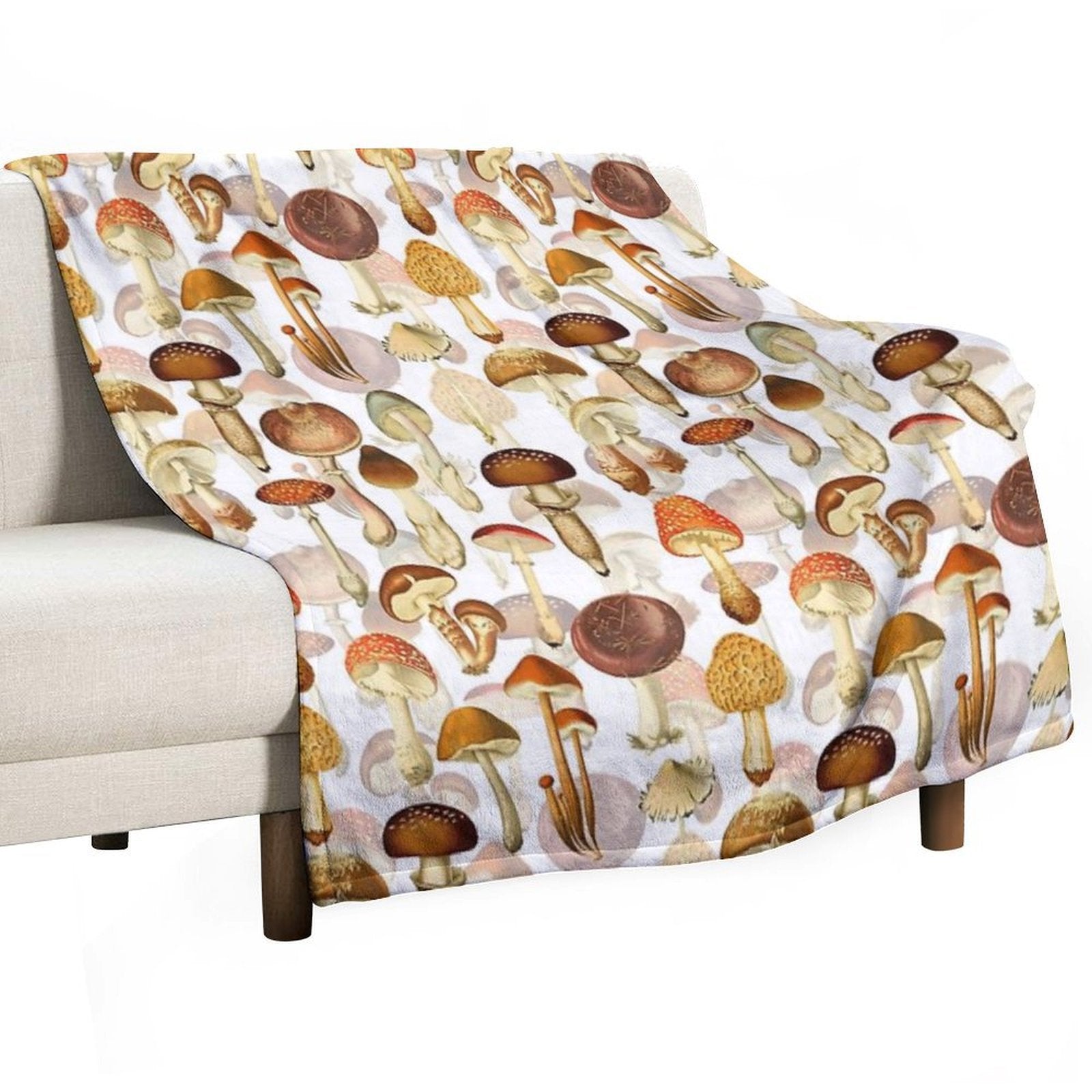 Vintage Toxic Mushrooms Forest Botanical Garden Pattern on White Nightgarden Sustainable Throw Blanket
